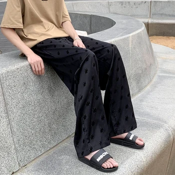 Летние повседневные брюки из Ледяного Шелка в корейском стиле с вышивкой буквами, Свободные Прямые широкие брюки для уборки 3XL
