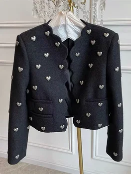 Осенне-зимняя мода, пряжка в виде сердца, Черная шерстяная Твидовая короткая куртка, пальто, Женский Винтажный кардиган с длинным рукавом и V-образным вырезом, Верхняя одежда, топ