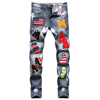Модные мужские джинсы с вышивкой буквами, Дизайнерские Джинсы с принтом масляной краской, Мужские брюки в стиле панк, Узкие джинсы в стиле хип-хоп
