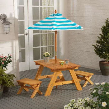 Набор для уличного деревянного стола и скамейки KidKraft, Полосатый зонт, Бирюзово-белый, 31,97x21,18x18,74 дюйма