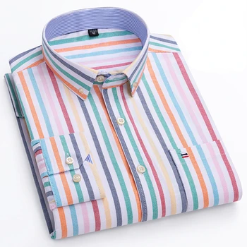 Рубашка в цветную полоску, мужские рубашки в клетку, повседневные рубашки из 100% оксфордского хлопка с карманом, белая рубашка для мужчин, длинный рукав, приталенный крой