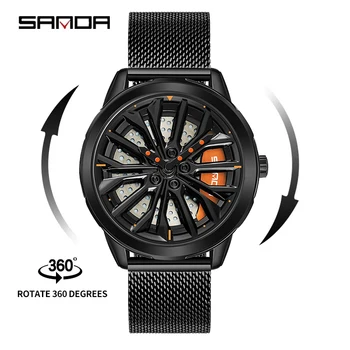 SANDA P1063 Оригинальный Дизайн Ступицы Обода колеса Супер Автомобильные Наручные Часы Кварцевые Часы Из Нержавеющей Стали Водонепроницаемые Вращающиеся Часы Для Мужчин
