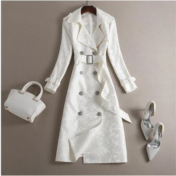 Женская ветровка Весной 2023 года Новое модное Белое жаккардовое пальто на шнуровке с отворотом, тренч для женщин