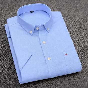 Повседневные мужские рубашки Оксфорд Размера Плюс из 100% хлопка с коротким рукавом и однотонной вышивкой