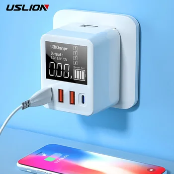 USLION 30 Вт 4 Порта Быстрая Зарядка 3,0 USB зарядное устройство Светодиодный дисплей Универсальный адаптер для мобильного телефона Type C Быстрая зарядка для iPhone Xiaomi