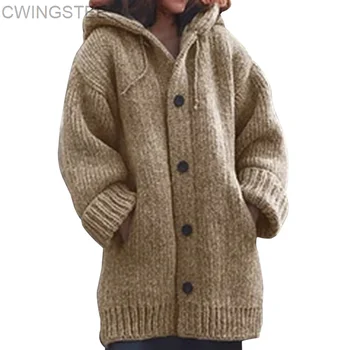 Женские кардиганы, свитер, пальто, Теплое однобортное Свободное шерстяное вязаное пальто, Осень-зима, Женский Длинный кардиган Оверсайз с капюшоном