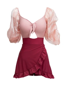 Красивое розовое платье с пышными рукавами для девочек, Консервативный стиль, Облегающий живот, Тонкий Купальник для горячих Источников