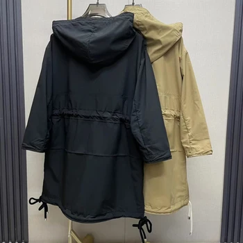Женская куртка-ветровка средней длины, Дизайн с завязками на талии, Модный Темпераментный женский тренч с капюшоном