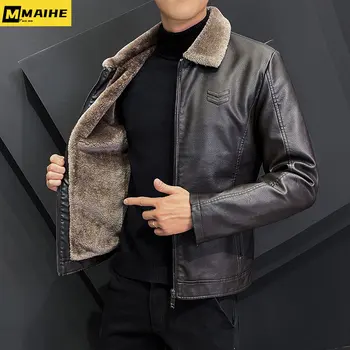 Зимняя модная теплая толстая кожаная куртка с лацканами, однотонный дизайн на молнии, большие размеры 4XL-M, куртка-бомбер, мужская байкерская кожаная куртка