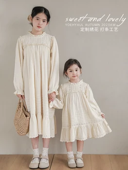 Одежда для девочек, Весенне-Осеннее Свободное повседневное белое простое платье принцессы с кружевным воротником