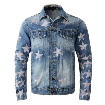 Модная брендовая Мужская куртка, Кожаная Джинсовая куртка со звездами, Сшитая для мужчин, Модная Джинсовая куртка с рваными пуговицами, Уличная одежда, пальто
