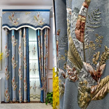 Синие роскошные жаккардовые шторы с полным затемнением в европейском стиле для окон гостиной, высококачественные элегантные шторы для спальни