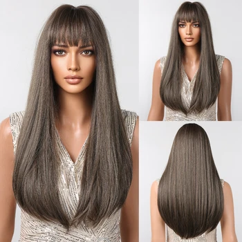 Парики из синтетических волос пепельно-коричневого цвета EASIHAIR, длинные прямые парики для косплея с челкой для чернокожих женщин и девочек, для ежедневного использования, термостойкие