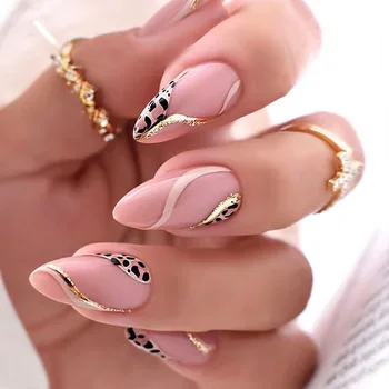 24шт Леопардовые французские накладные ногти с клеем, миндальный пресс на акриловых ногтях, балетные накладные ногти с коротким простым дизайном