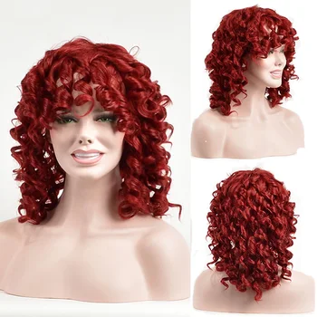 Короткий синтетический парик в стиле афро с челкой, Короткие вьющиеся парики для чернокожих женщин, черный, темно-коричневый, красный, Свободный волнистый парик с высокотемпературными волосами