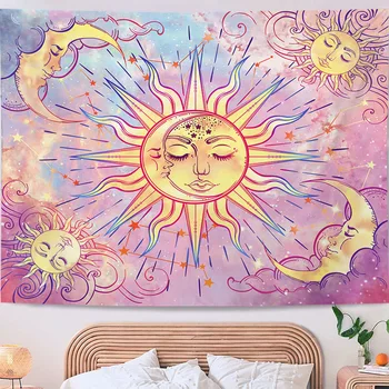 Психоделический Гобелен с изображением Солнца и Луны с 3D Принтом, Прямоугольный домашний декор, настенный 02