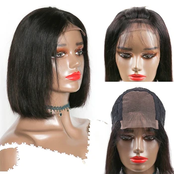 Перуанские прямые Парики из человеческих волос для чернокожих женщин с кружевной застежкой 4X4, Короткий парик-Боб, Парики из человеческих волос натурального цвета
