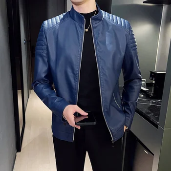 2023 Мото Куртка из искусственной кожи, мужская зимняя куртка Leahter, мужская повседневная ветровка со стоячим воротником, модная мужская одежда, цвет черный, синий