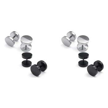 Ювелирные мужские серьги, круглые ушные заклепки, 6 мм, 4 пары, черный, серебристый цвет- Нержавеющая сталь