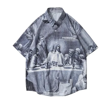 Свободная повседневная рубашка с короткими рукавами Мужская куртка Летняя Тема Тайной вечери Принт Индивидуальность Уличная Ретро Картина маслом Темная мода