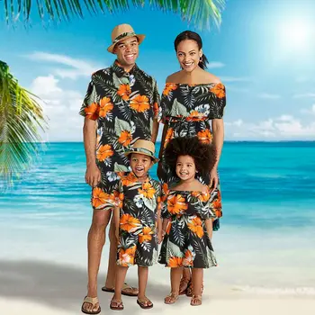 Новый Комплект рубашек с коротким рукавом и принтом, юбка, Папа, Мама, сын, дочь, Гавайи, Пляжный отдых, Дорожная одежда, Рубашки для родителей и детей, платье