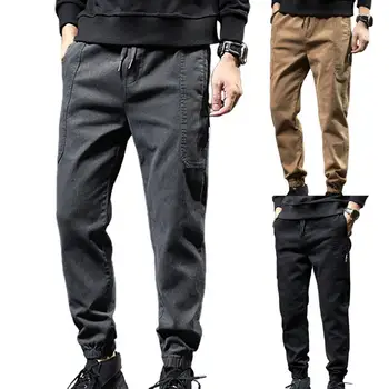 Мужские брюки, однотонные повседневные брюки-карго с эластичной резинкой на талии и завязками на шнурках для повседневной носки