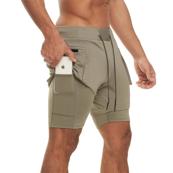 Летние новые мужские короткие спортивные штаны с несколькими карманами на молнии, двухслойные спортивные штаны для фитнеса 2 в 1, однотонные брюки для бега