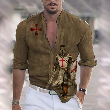 Ретро мужская рубашка Templar с 3D принтом, рубашка с длинными рукавами, рубашка на пуговицах, повседневная уличная рубашка-кардиган, лето 2023, высокое качество