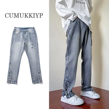 Крутые и модные мужские Уличные джинсы Vibe от CUMUKKIYP - Облегающие Черные Рваные Брюки с застежкой на боковые пуговицы
