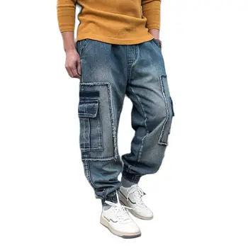 Модные хип-хоп Шаровары-карго, Мужские Повседневные джинсы, Прямые Свободные Мешковатые брюки, Уличная одежда с Большим карманом, Джинсовая одежда больших размеров