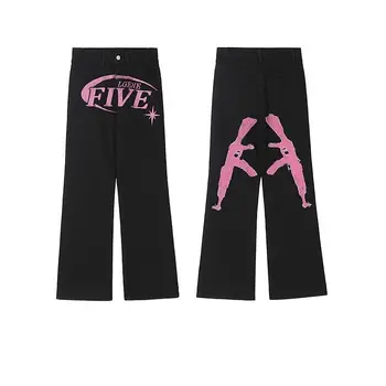 Джинсы с американским ретро-алфавитом, прямые высококачественные джинсы с принтом, мужские и женские хип-хоп трендовые свободные универсальные длинные брюки