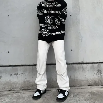 Мужская Корейская Повседневная Уличная одежда, Белые Винтажные джинсы Harajuku с граффити, Широкие Мешковатые прямые джинсовые брюки, брюки