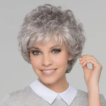 Белый женский короткий серый кудрявый парик, серебристо-серый парик с челкой, волнистый многослойный синтетический парик, естественный внешний вид