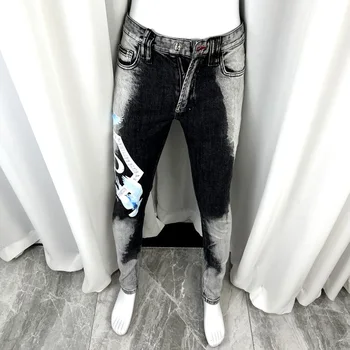 Уличные Модные Мужские джинсы Высокого Качества в стиле Ретро, черные, Серые, Эластичные, приталенные Джинсы с принтом, Мужские Брендовые Дизайнерские брюки в стиле хип-хоп, Hombre