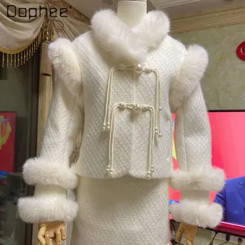Продвинутый женский твидовый юбочный костюм в стиле ретро 2023, Осень и зима, Новый Корейский стиль, Милая Элегантность, однобортное твидовое пальто Для женщин