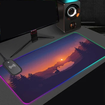 Deep Forest Sunset Беспроводной Зарядный коврик для мыши с длинной прокладкой из силикона RGB для ноутбука, игрового стола, Коврик для мыши, Аксессуары для клавиатур