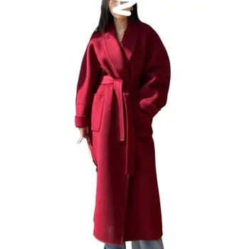 Корейский Высококачественный Осенне-зимний Халат с фруктовым воротником, Двустороннее шерстяное кашемировое пальто, Модное удлиненное шерстяное пальто