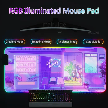 Мультяшный японский уличный RGB светодиодный коврик для мыши XXL, Большая клавиатура, коврик для мыши, Неоновая Девчачья Подсветка, игровые аксессуары, настольные коврики