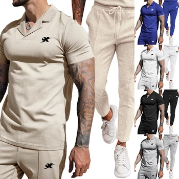 Летняя Новая рубашка ПОЛО с вафлями, модный и удобный высококачественный спортивный костюм с короткими рукавами, брюки, спортивный костюм для мужчин