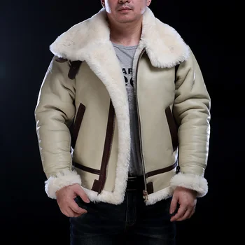 роскошный европейский размер, высокое качество, супер теплая натуральная овечья кожа пальто больших Б3 дубленки бомбардировщик военная куртка с мехом