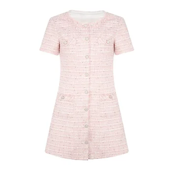 Женское Розовое Высококачественное Французское офисное платье, Простые Элегантные Шикарные летние платья из тонкого твида с круглым воротом и короткими рукавами, Feminino