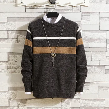 Осенне-зимний новый мужской классический пуловер контрастного цвета в полоску, повседневный теплый свитер с круглым вырезом и длинным рукавом