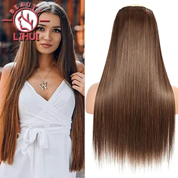 LIHUI Длиной 60 см, 5 заколок для наращивания волос, Прямой шиньон, Синтетические волосы Для женщин, заколки для наращивания волос
