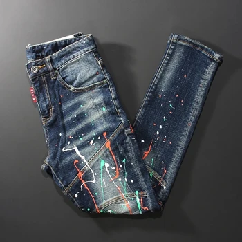 Модные уличные мужские джинсы в стиле ретро, темно-синие эластичные облегающие рваные байкерские джинсы Homme, дизайнерские джинсовые брюки в стиле хип-хоп с росписью, мужские