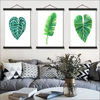 Картина с прокруткой зеленых листьев, напечатанная на холсте в рамке, плакаты с листьями и принты, простые штрихи, декор дивана в гостиной