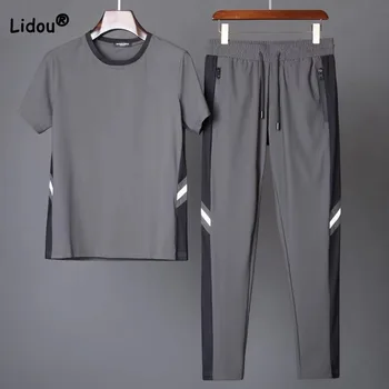 Трендовая мужская одежда, Летняя Повседневная однотонная футболка в стиле пэчворк с коротким рукавом, эластичный модный спортивный костюм, Мужские комплекты брюк
