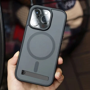 Магнитный чехол для телефона с металлической подставкой для iPhone 15 14 13 12 Pro Max Plus, Полупрозрачные чехлы для мобильных устройств, задняя крышка военного образца