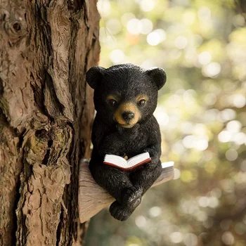 Специальное ночное чтение, медвежонок, солнечный декор, статуя милого черного медведя, светодиодное освещение для сада во дворе, подарки из смолы, домашний декор