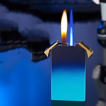 Персонализированная и Креативная Металлическая Ветрозащитная Надувная Зажигалка с двойным Огнем на Бутановом Газе, Мощная Зажигалка для Сигар, Высококачественный Подарок для Мужчин